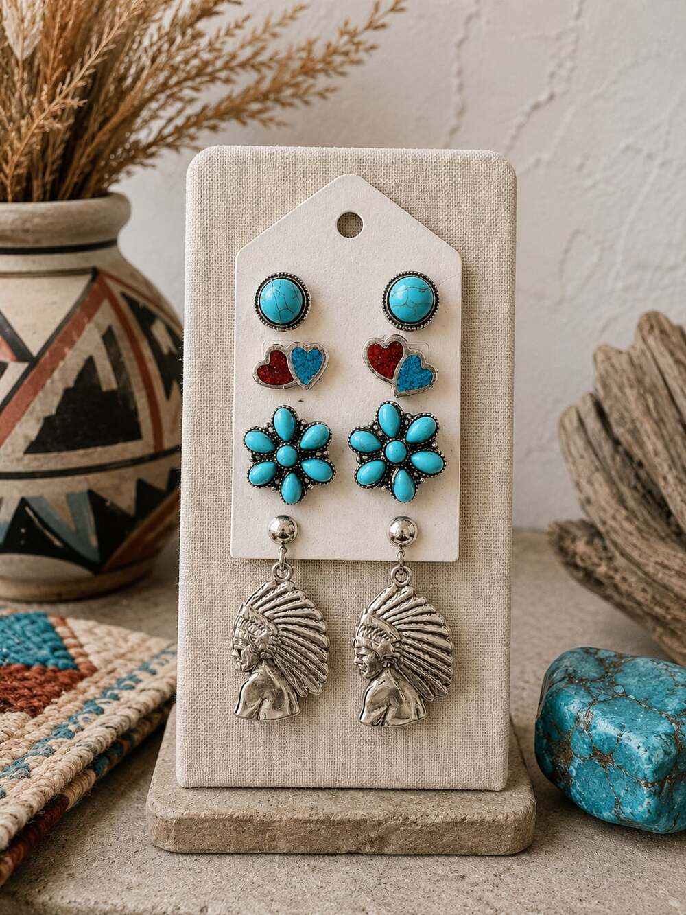 Vintage Turquoise Southwestern Earrings Lot 
with Chief & Flower Motifs
